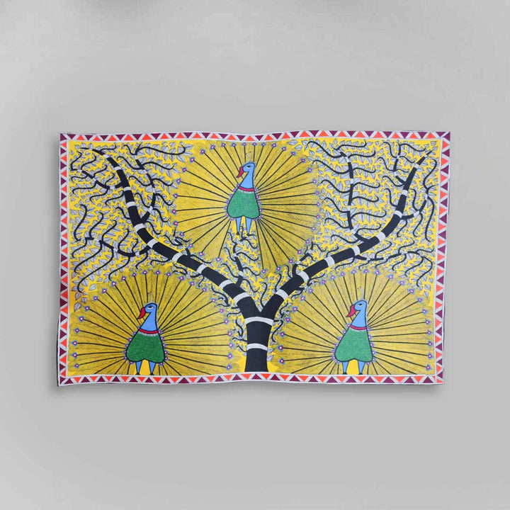 22 x 30 Inch | Peacock Trio | Original Hand Painted Madhubani Painting | Natural Pigments On Paper
