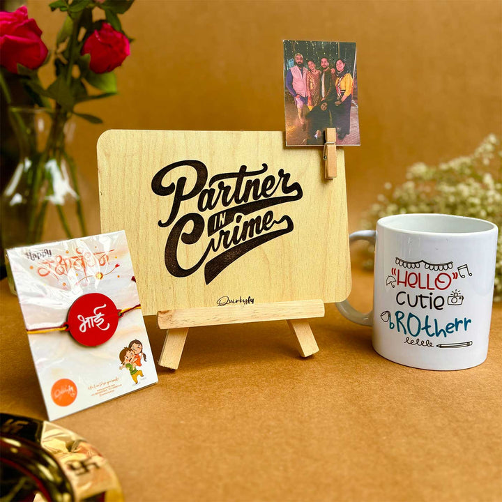 Photo Personalized Printed Cute Rakhi Hamper For Brother Includes 1 Plaque 1 Rakhi And 1 Mug New - Tabletop Display with Mug and Rakhi