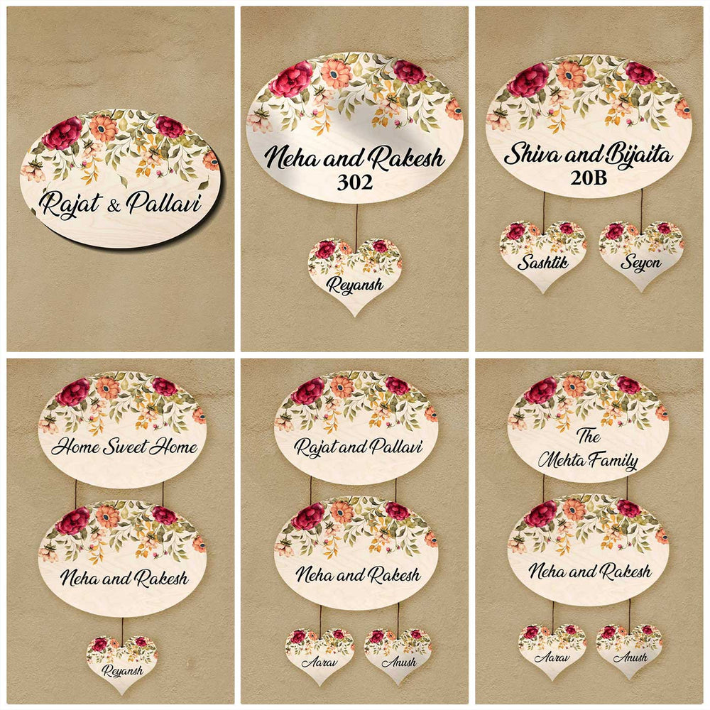 Printed Red And Orange Floral Wooden Oval Nameplate For Family - Multiple Personalized Name Plates Display