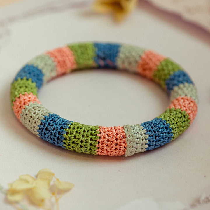 Handmade Crochet Rangat Orange Green And Blue Stripes Bangle