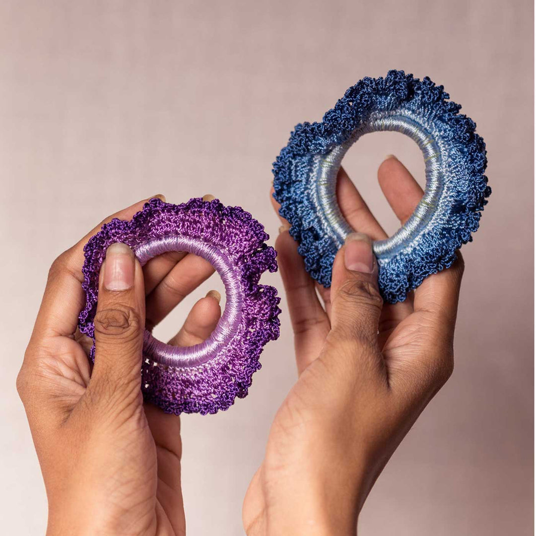 Handmade Crochet Guncha Purple Blue Ombre Bloom Scrunchie | Set Of 2