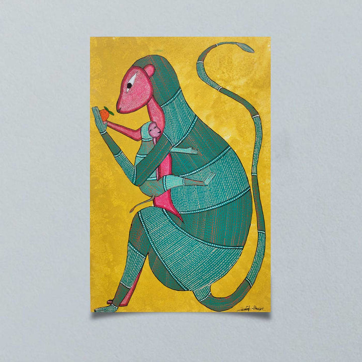 11 x 16 Inch | Mother’s Embrace Monkey & Baby | Original Hand Painted Tribal Gond Art Painting | Acrylic Paints On Paper
