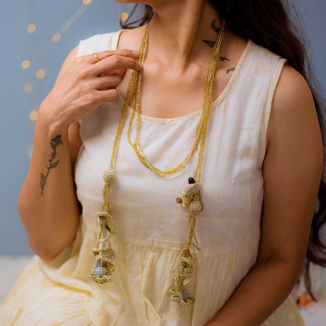 Handmade Crochet Shimmer Ornate Tassels Wrap Around Necklace