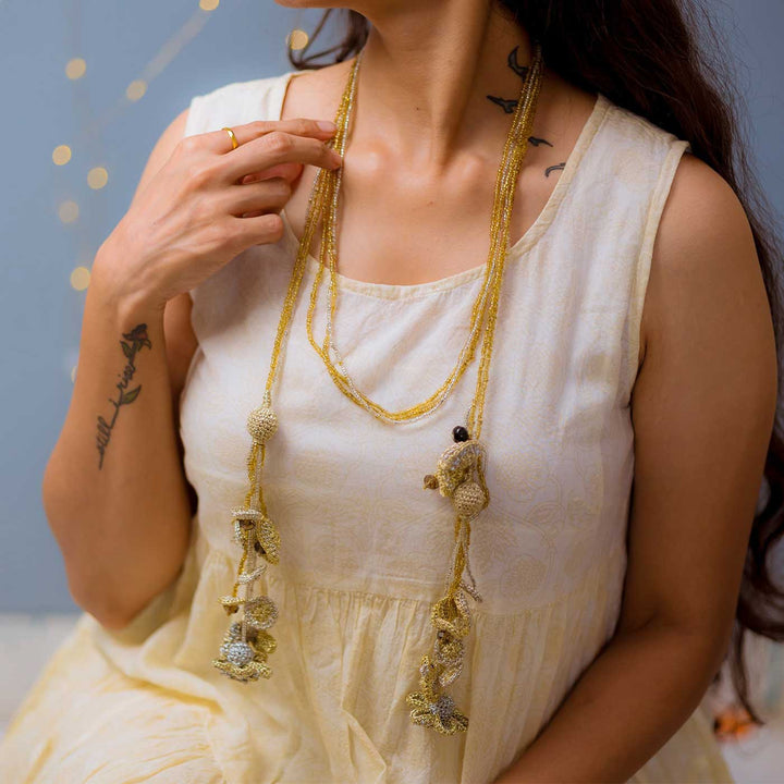 Handmade Crochet Shimmer Ornate Tassels Wrap Around Necklace