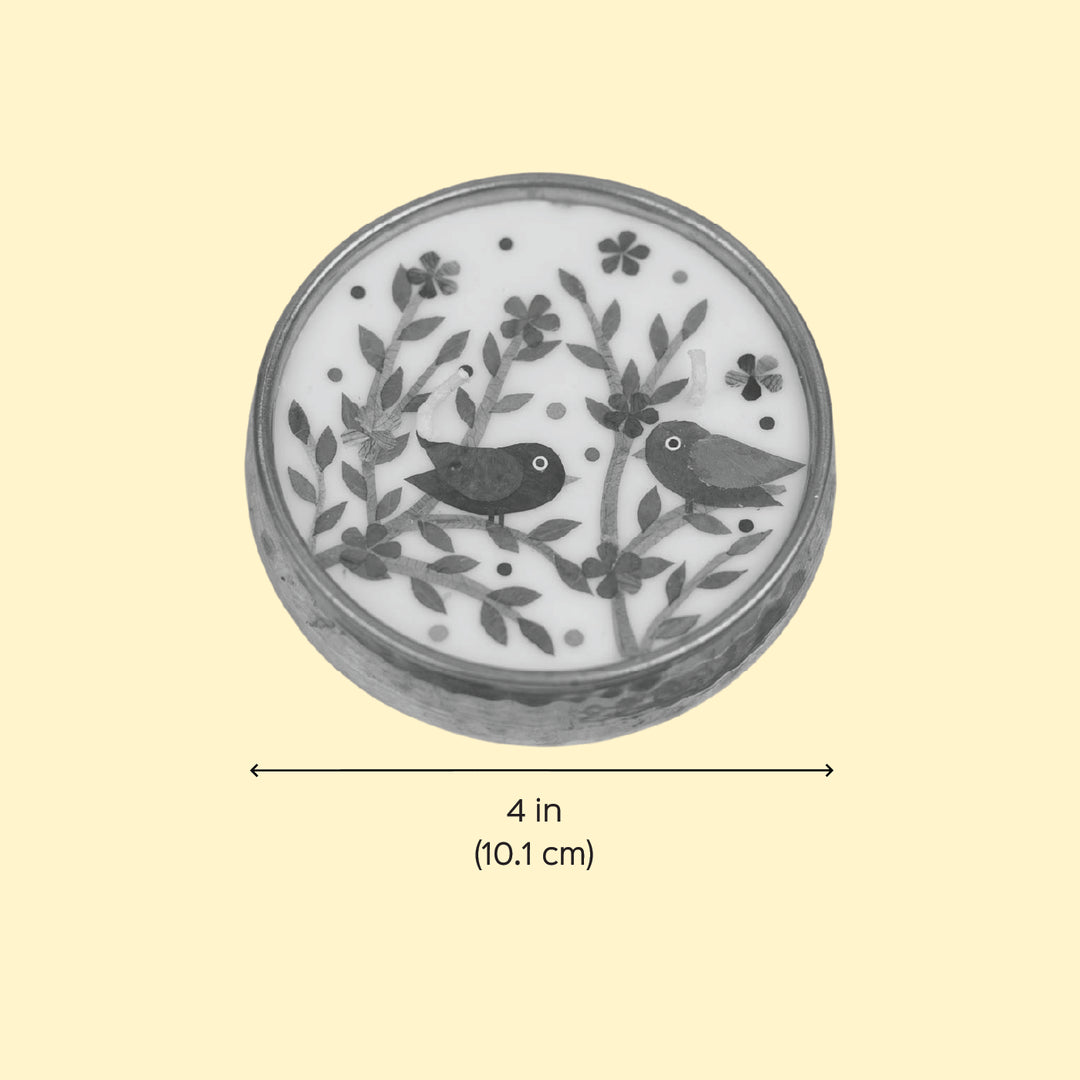4 Inch | Handmade Pressed Flower Birds Theme Brass Urli Diya | Packed in a Gift Box