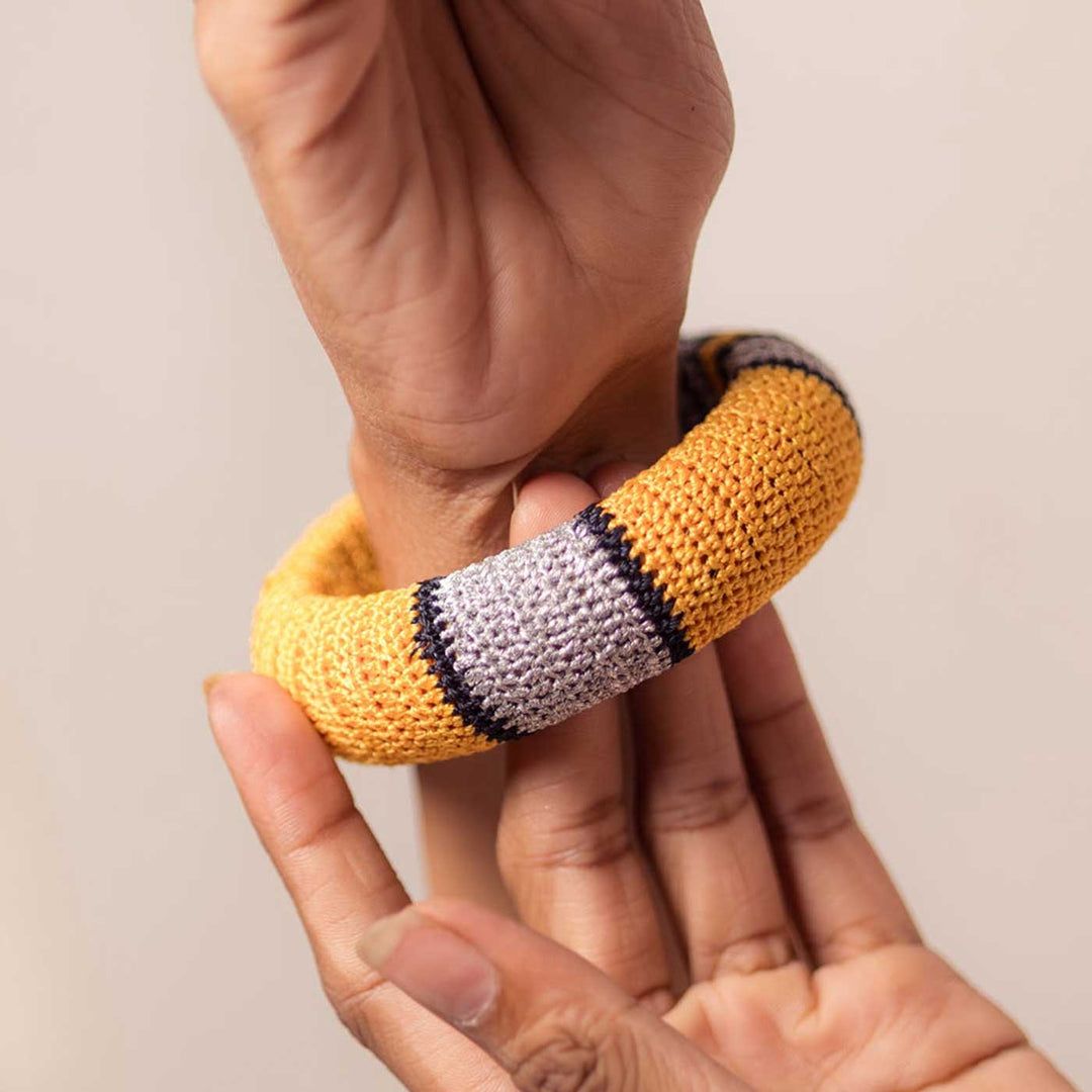 Handmade Crochet Rangat Mustard Silver Chunky Bangle
