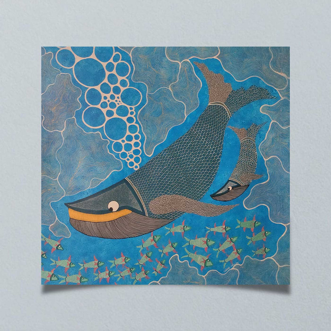 36 x 36 Inch | Mother & Calf Whale Deep Sea Bond | Original Hand Painted Tribal Gond Art Painting | Acrylic Paints On Canvas