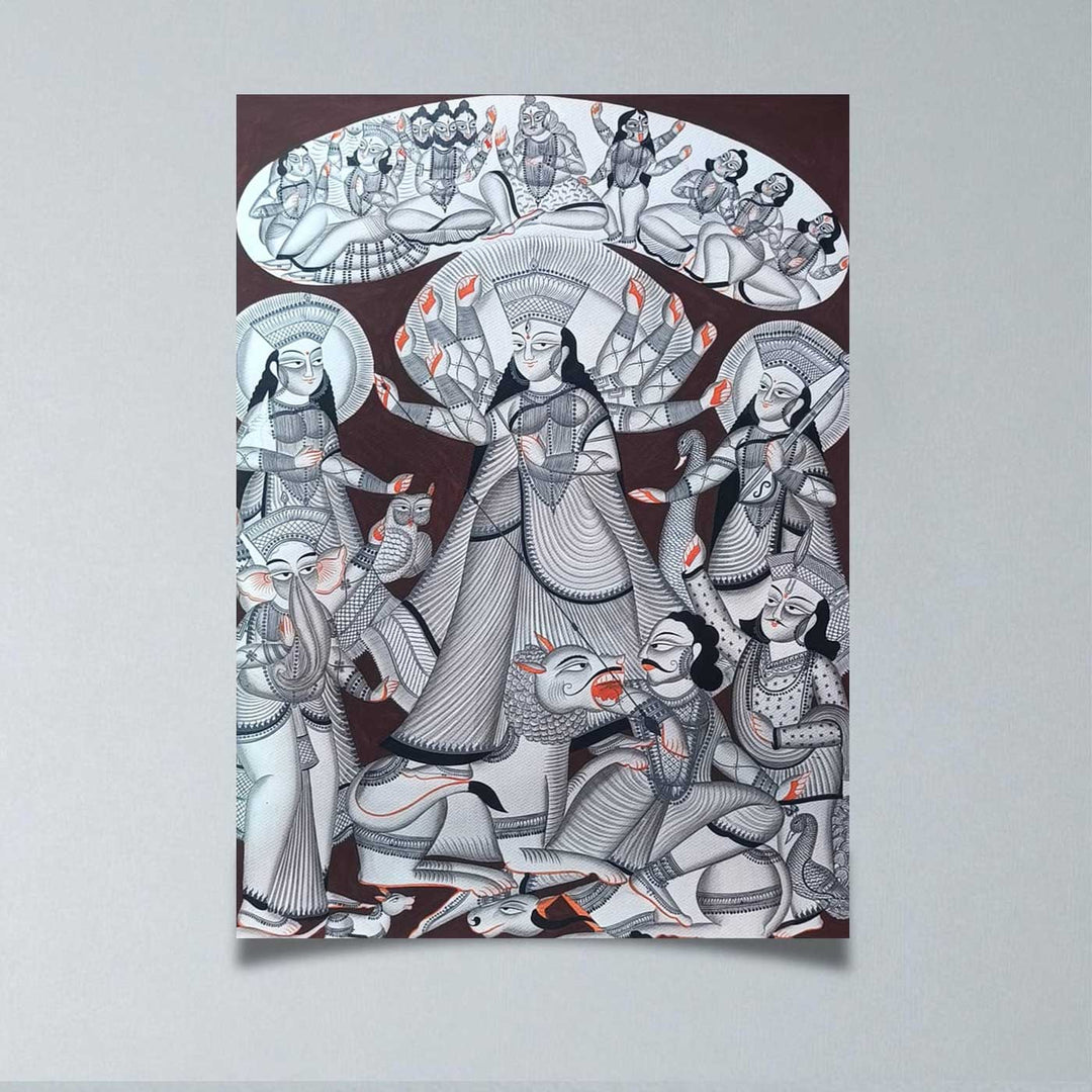 30 x 22 Inch | Durga Puja Themed | Original Hand Painted Kalighat Painting | Natural Pigment On Paper
