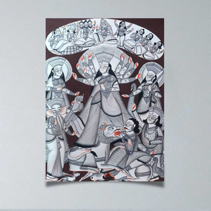 30 x 22 Inch | Durga Puja Themed | Original Hand Painted Kalighat Painting | Natural Pigment On Paper