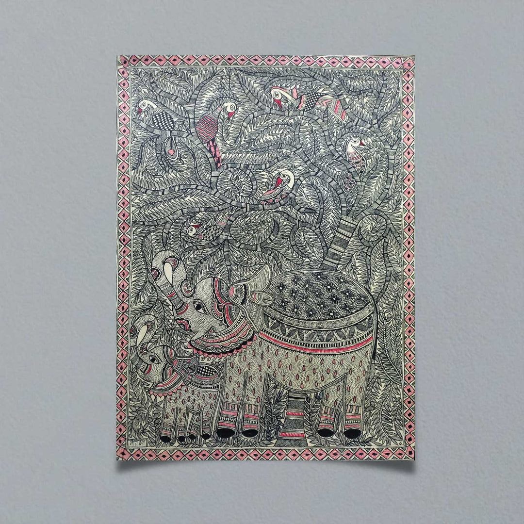 22 x 30 Inch | Elephant Grace in Black & Red | Original Hand Painted Madhubani Painting | Natural Pigments On Paper