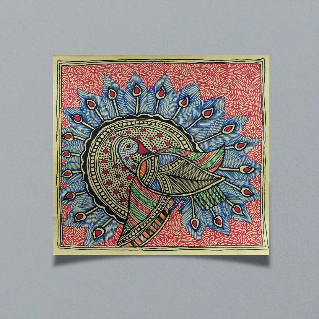 7 x 7 Inch | Colorful Peacock | Original Hand Painted Madhubani Painting | Natural Pigments On Paper