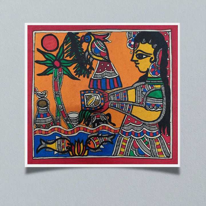7 x 7 Inch | Life by the Riverbank | Original Hand Painted Madhubani Painting | Natural Pigments On Paper