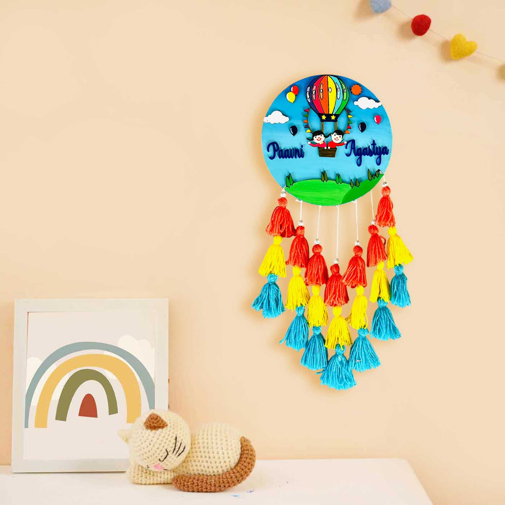 Personalized Hand Painted Sibblings In A Hot Air Balloon Mdf Wood Kids Name Plate - Wall Hanging Display with Tassels