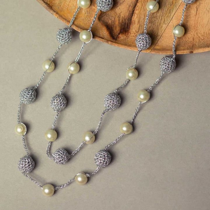Handmade Crochet Silver Nakshatra Pearl Necklace