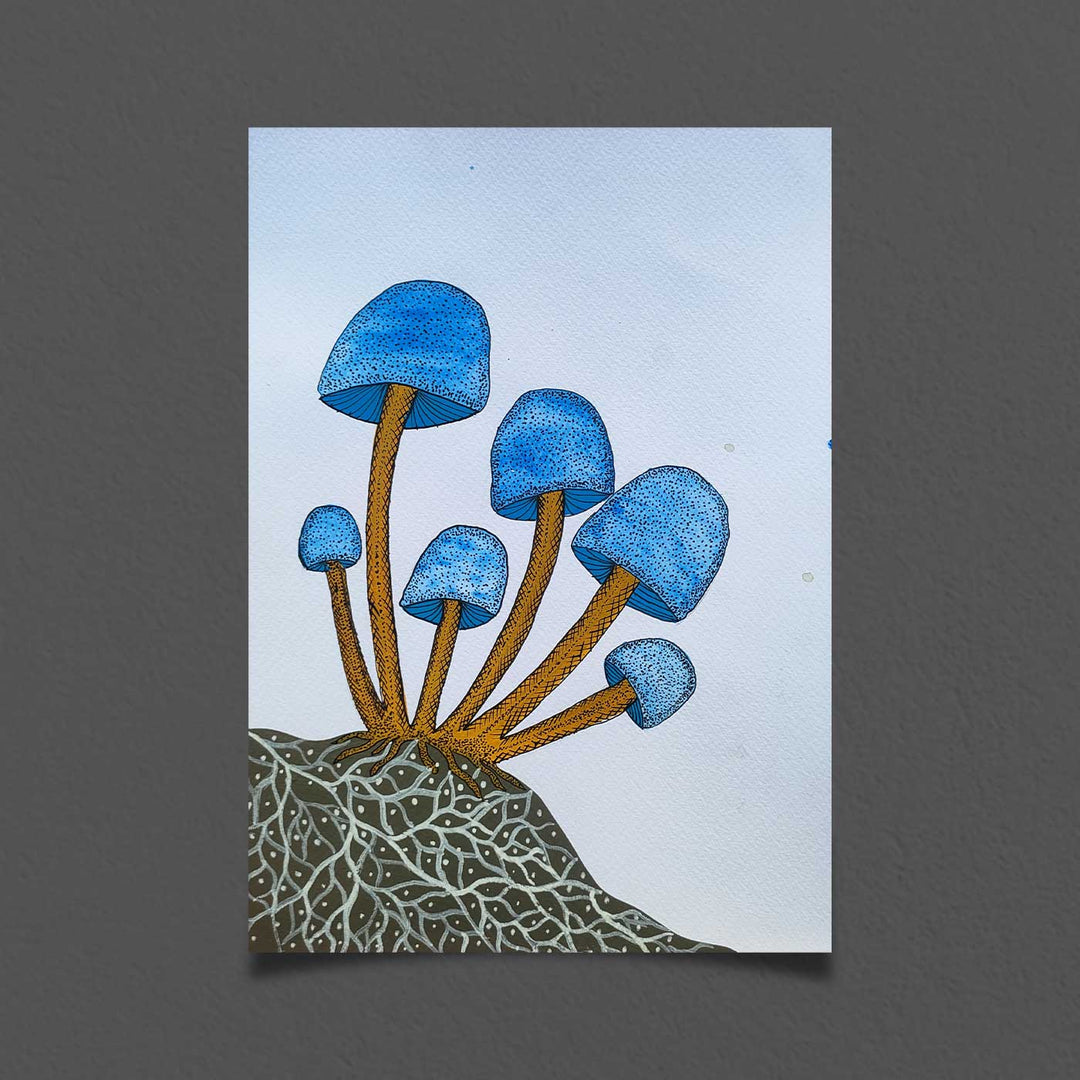 8 x 11 Inch | Blue Mashroom | Original Hand Painted Tribal Gond Art Painting | Acrylic Paints On Paper