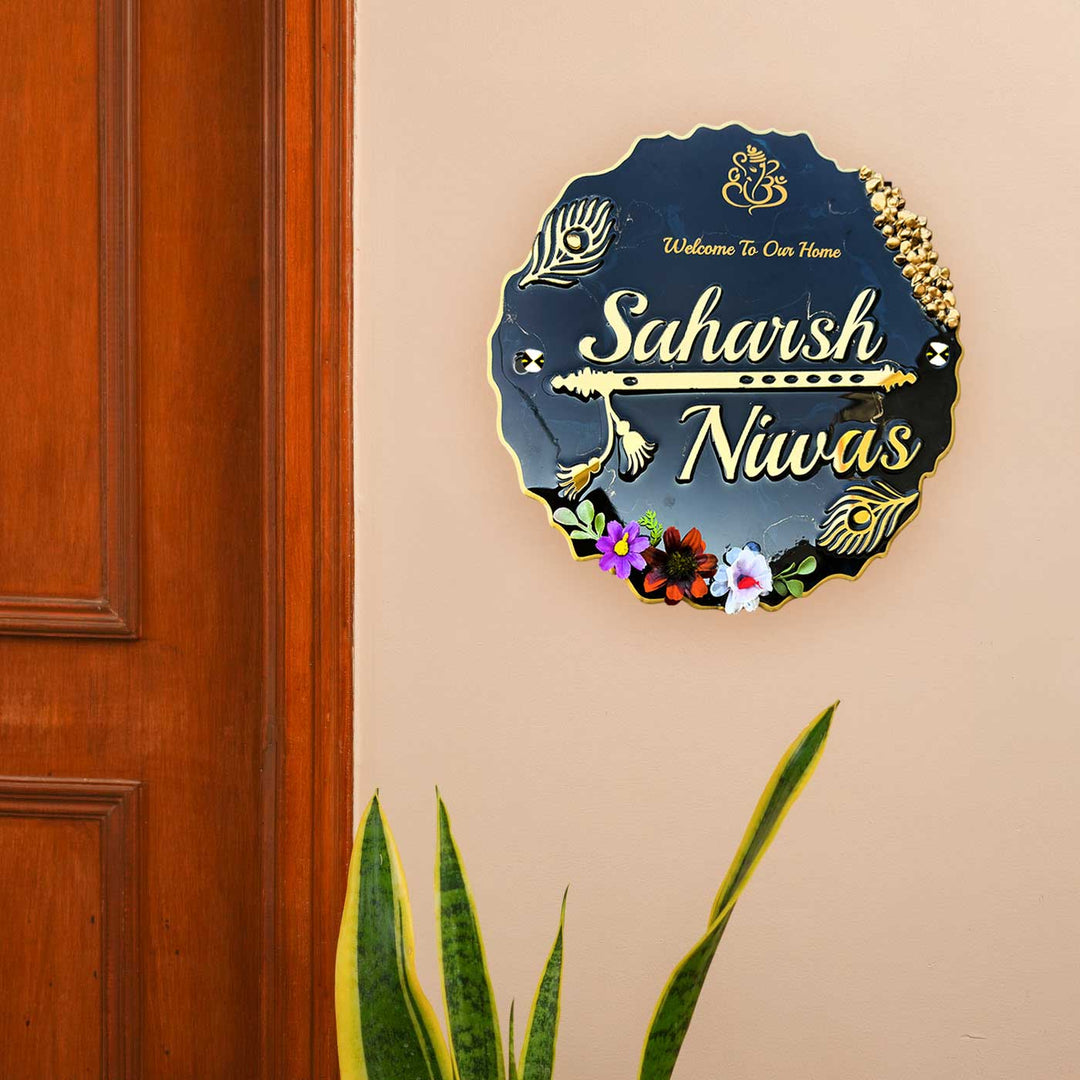 Personalized Blue Floral Theme Round Resin And Acrylic Waterproof Name Plate - Mounted on Wall Near Door