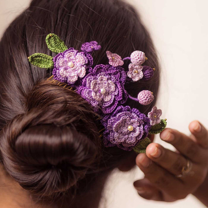 Handmade Crochet Guncha Purple Zinnias Hair Comb Pin