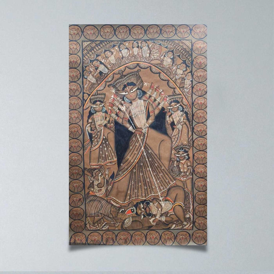 29 x 48 Inch | Maa Durga With Ten Arms | Original Hand Painted Kalighat Painting | Natural Pigment On Paper