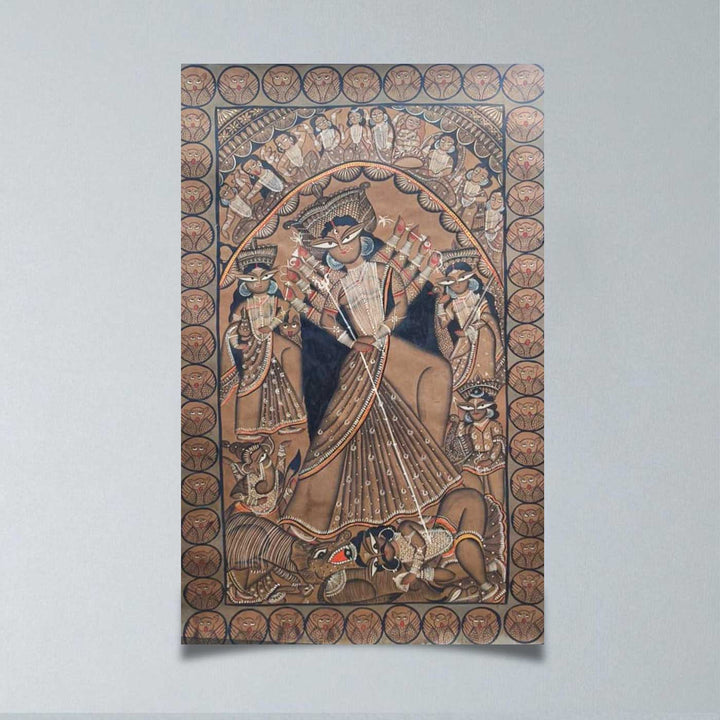29 x 48 Inch | Maa Durga With Ten Arms | Original Hand Painted Kalighat Painting | Natural Pigment On Paper