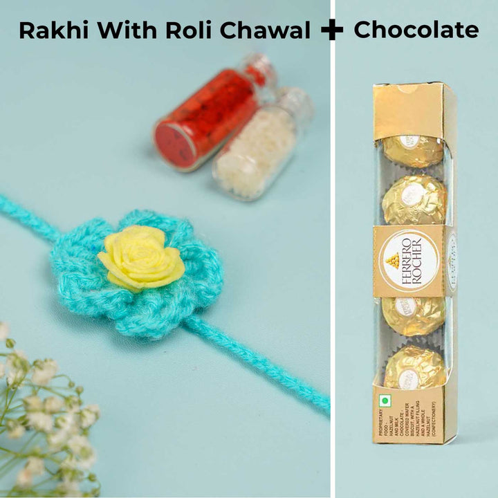 Handmade Crochet Blush Bloom Rakhi With Roli Chawal - Blue Rakhi with Chocolate and Roli Chawal