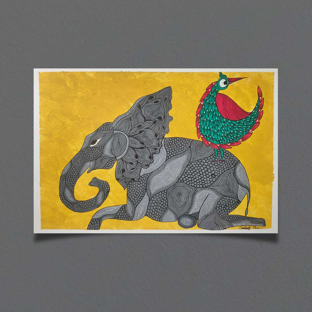 11 x 16 Inch | Wild Companionship Of Elephant & Bird | Original Hand Painted Tribal Gond Art Painting | Acrylic Paints On Paper
