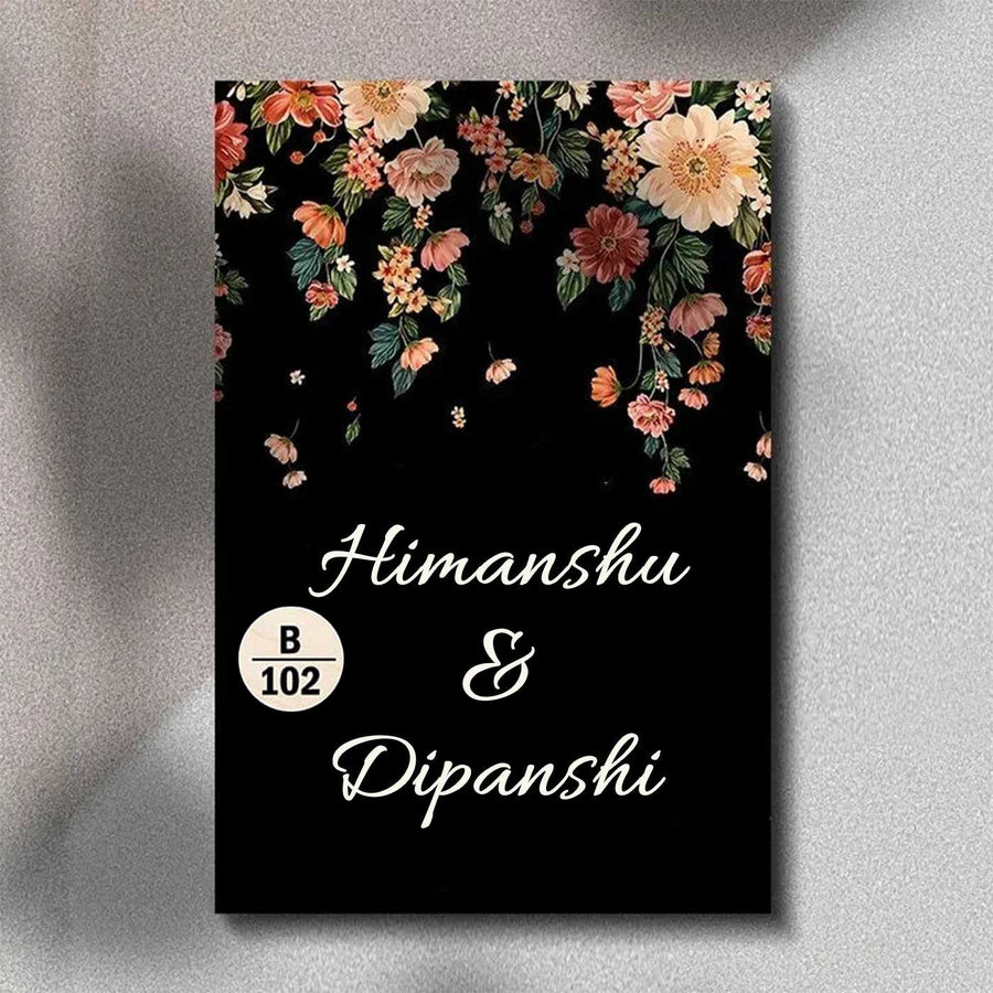 Printed Dark Blue Spring Floral Wooden Vertical Nameplate - Front View with Name Personalization