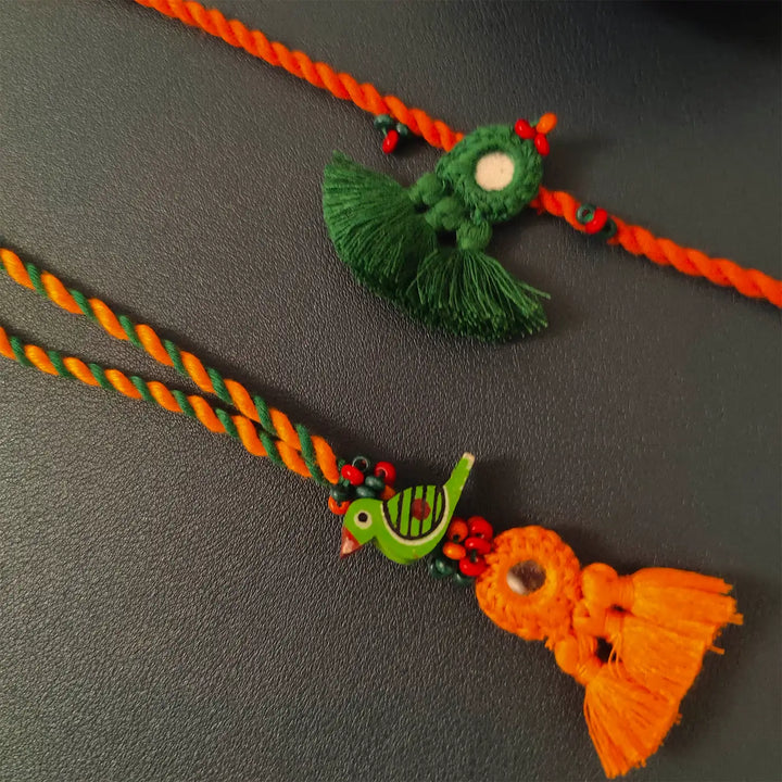 Handmade Mirror Work Bird & Tassels Bhaiya Bhabhi Rakhi With Roli Chawal
