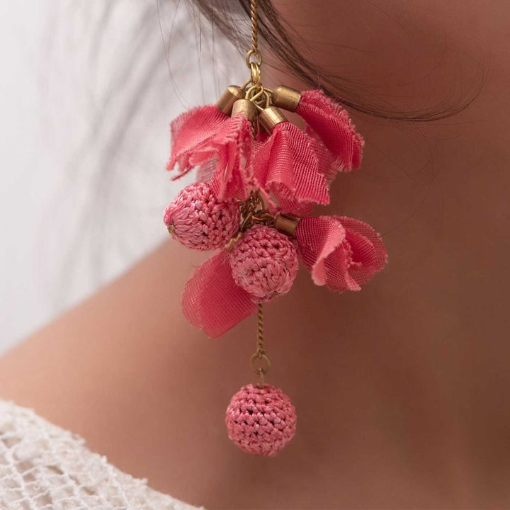 Handmade Crochet Pink Drops Viscose Thread Swing Earrings