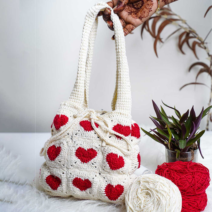 Handmade Crochet Heart Design Cotton Handbag