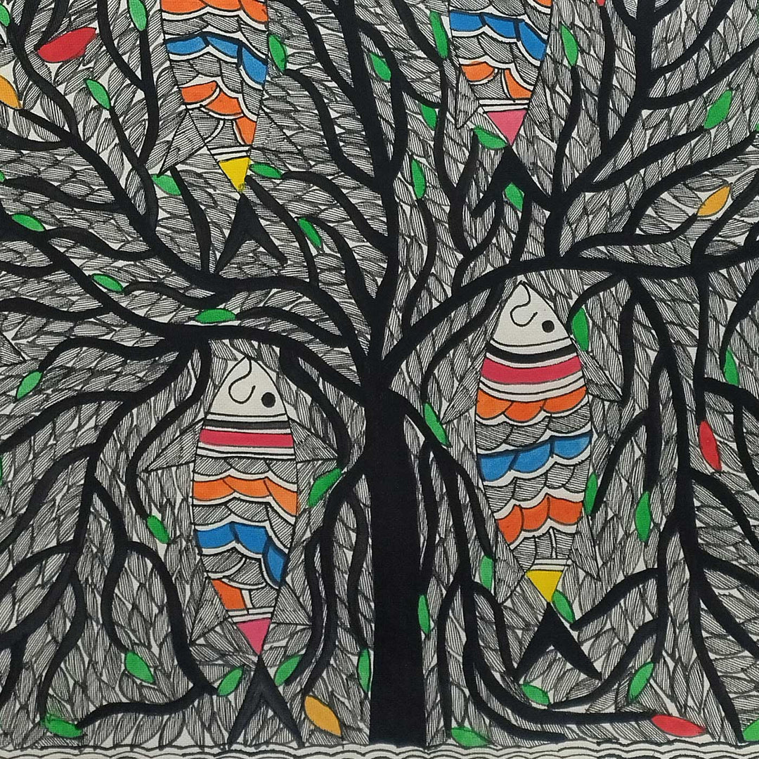 22 x 30 Inch | Fishes in the Sacred Tree | Original Hand Painted Madhubani Painting | Natural Pigments On Paper