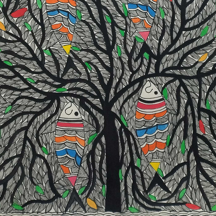 22 x 30 Inch | Fishes in the Sacred Tree | Original Hand Painted Madhubani Painting | Natural Pigments On Paper