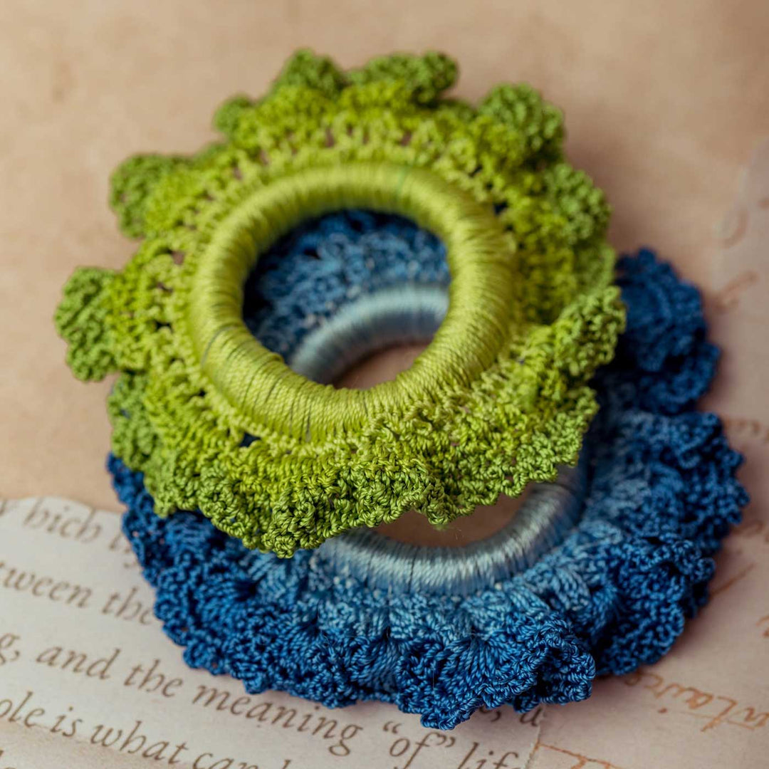 Handmade Crochet Guncha Green Blue Ombre Bloom Scrunchie | Set Of 2