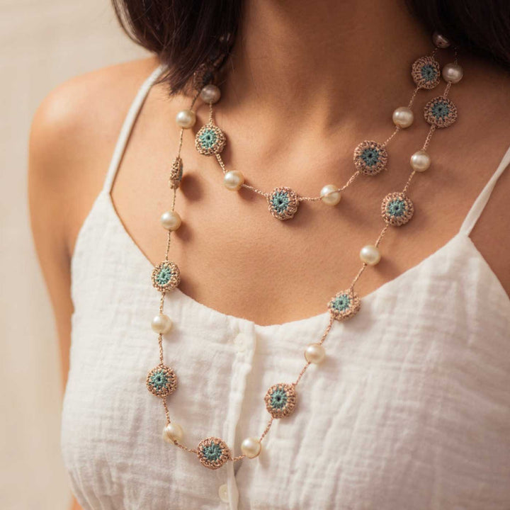 Handmade Crochet Rose Gold Mint Nakshatra Tikki Necklace