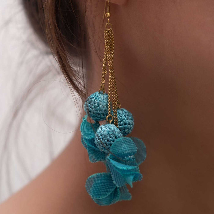 Handmade Crochet Turquoise Floral Viscose Thread Swing Earrings