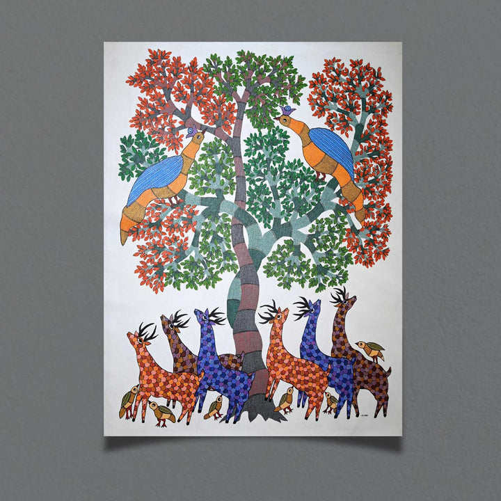 15 x 22 Inch | Peacock, Deers & Birds| Original Hand Painted Tribal Gond Art Painting | Acrylic Paints On Canvas