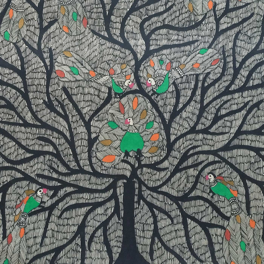 22 x 30 Inch | Peacock Tree | Original Hand Painted Madhubani Painting | Natural Pigments On Paper