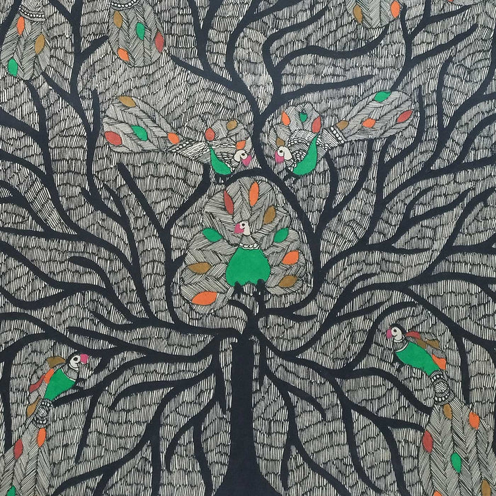 22 x 30 Inch | Peacock Tree | Original Hand Painted Madhubani Painting | Natural Pigments On Paper