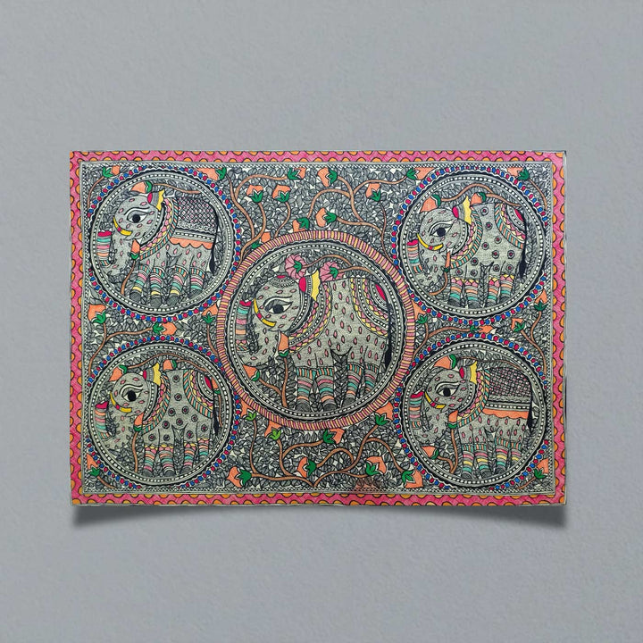 22 x 30 Inch | Elephants & Tree | Original Hand Painted Madhubani Painting | Natural Pigments On Paper