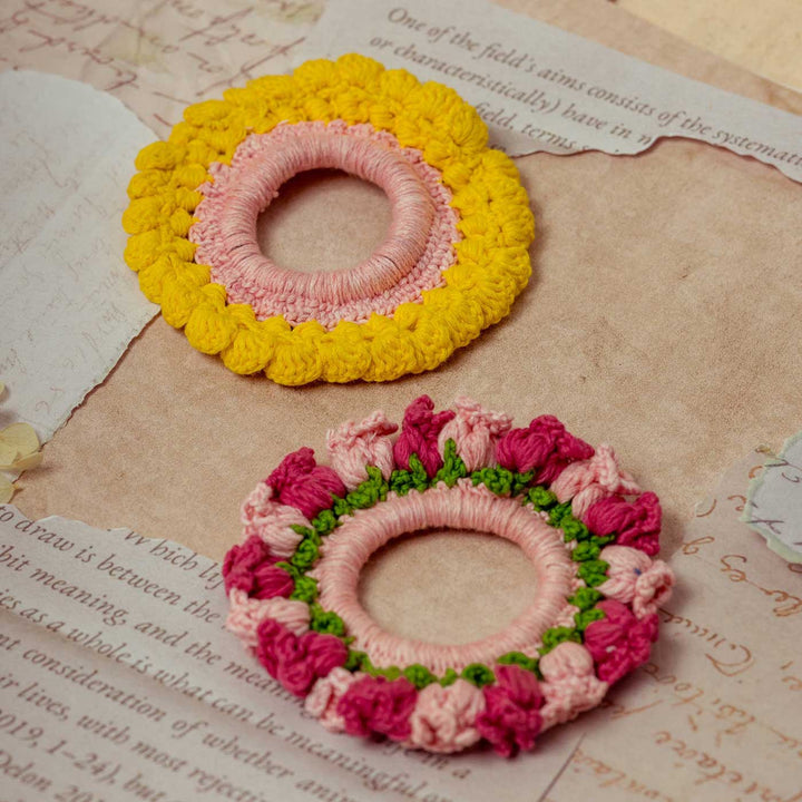 Handmade Crochet Guncha Yellow Pink Foliage Bloom Scrunchie | Set Of 2