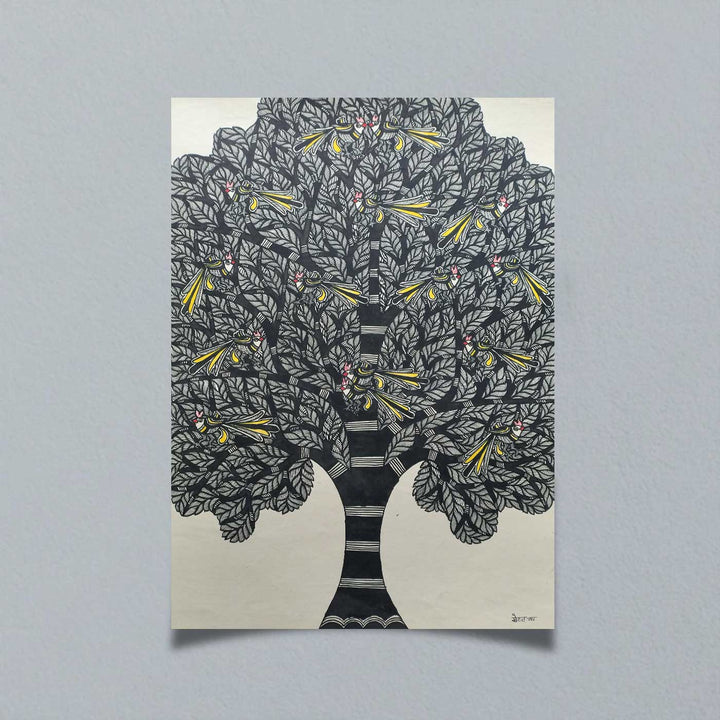 22 x 30 Inch | Birds In Tree | Original Hand Painted Madhubani Painting | Natural Pigments On Paper
