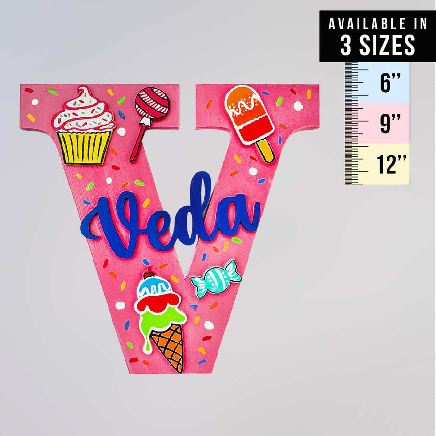 Personalized Hand Painted Candy Theme Mdf Wood Monogram With 3D Letters - Front View with Size Reference