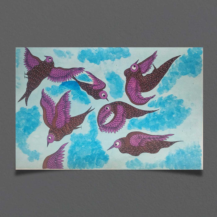 16 x 23 Inch | Playing Birds In Sky | Original Hand Painted Tribal Gond Art Painting | Acrylic Paints On Paper