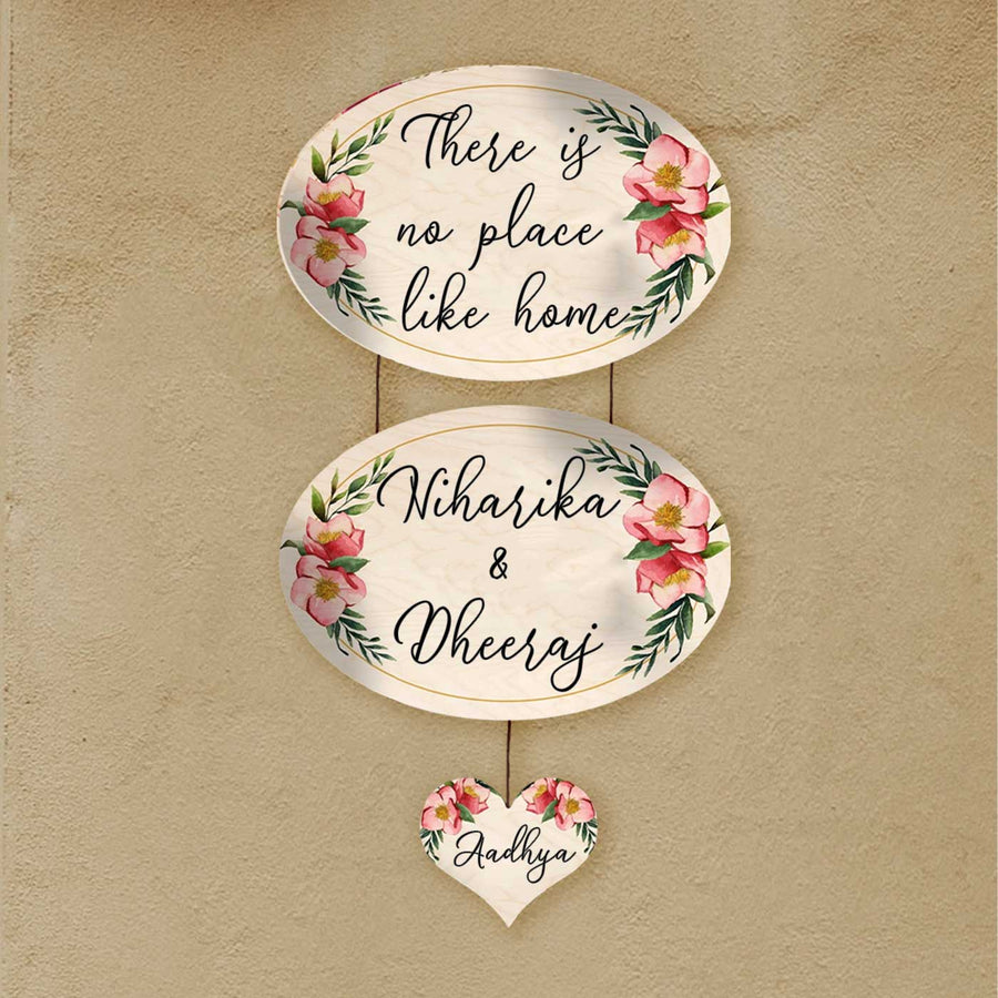 Printed Floral Wooden Oval Nameplate For Couples 1 - Hanging Wall Sign with Personalization