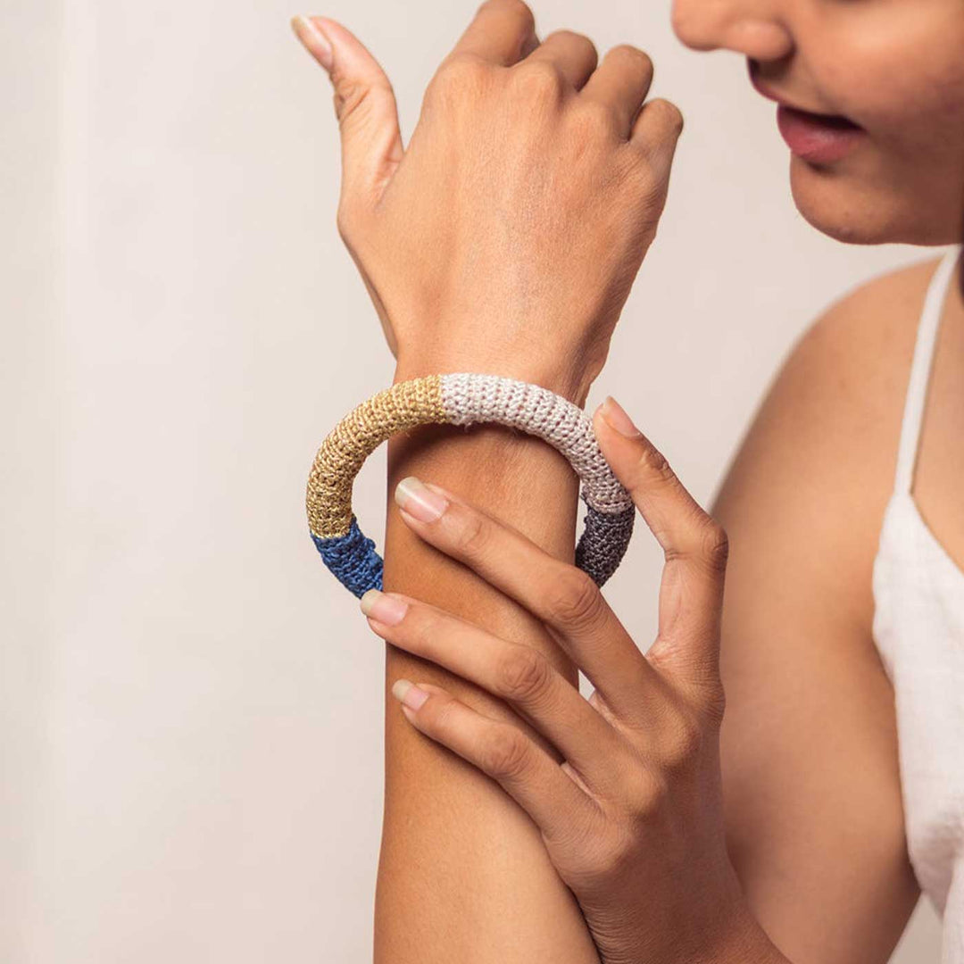 Handmade Crochet Rangat Blue And Gold Colour Block Bangle