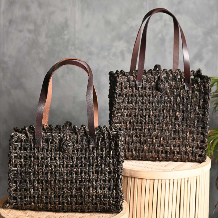 Handmade Grass Woven Leather Strap Box Shaped Black Sabai Mesh Tote Bag