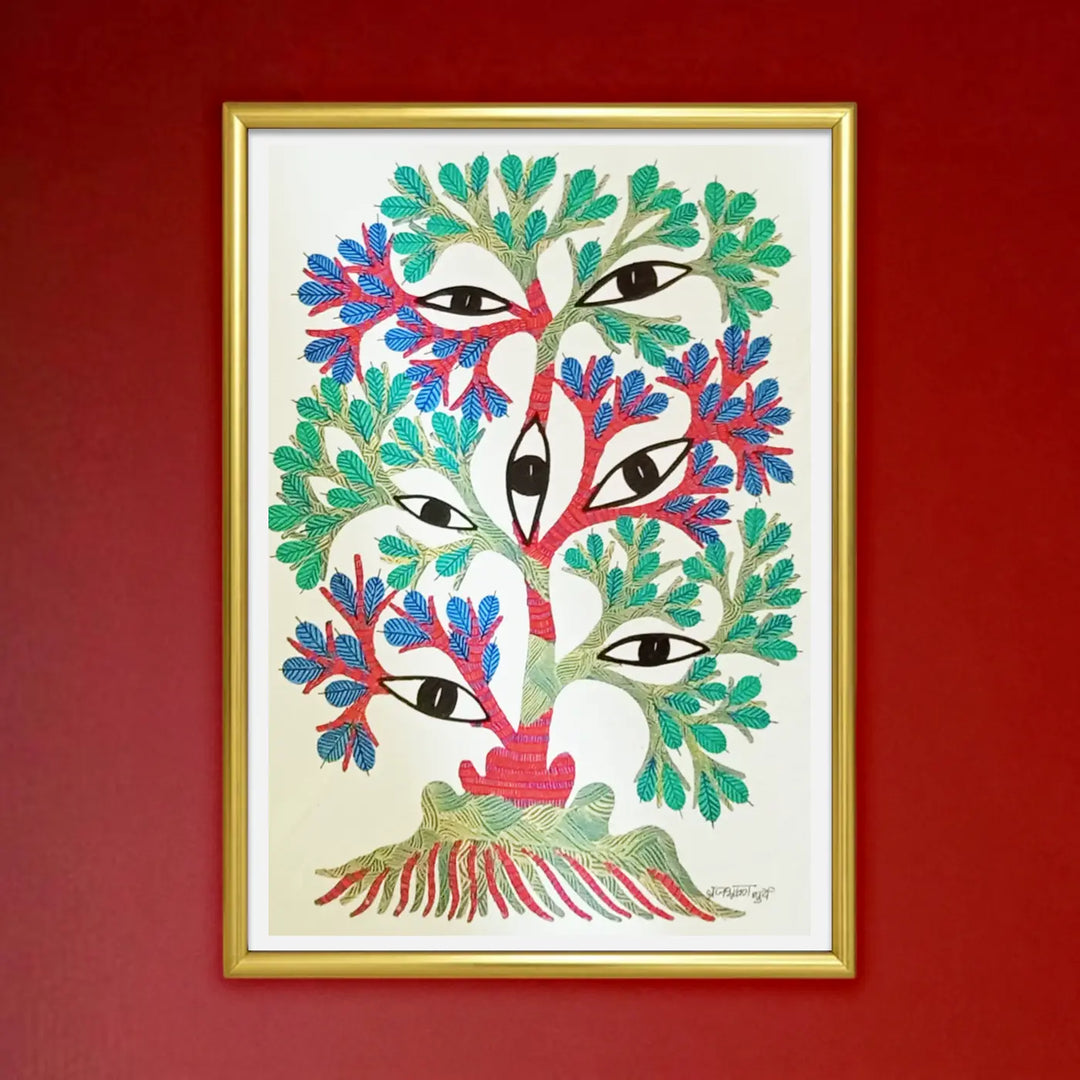 16 x 23 Inch | Eyes & Tree | Original Hand Painted Tribal Gond Art Painting | Acrylic Paint On Paper