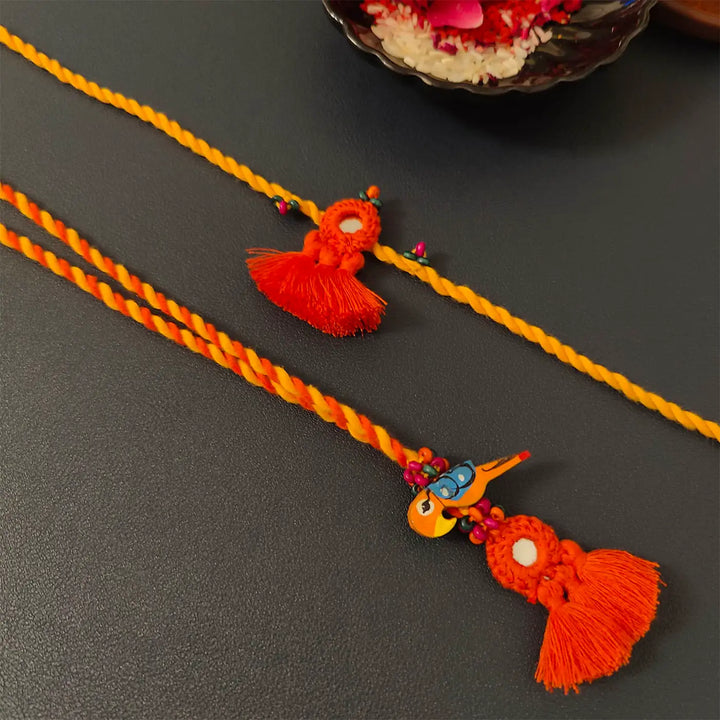 Handmade Mirror Work Bird & Tassels Bhaiya Bhabhi Rakhi With Roli Chawal