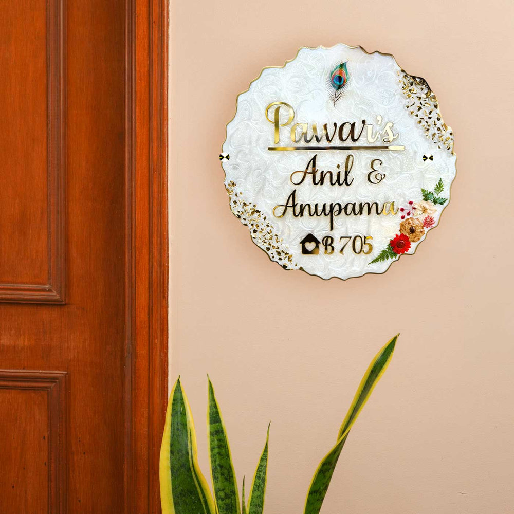 Personalized White Floral Theme Resin And Acrylic Waterproof Name Plate - Mounted on Wall near Door