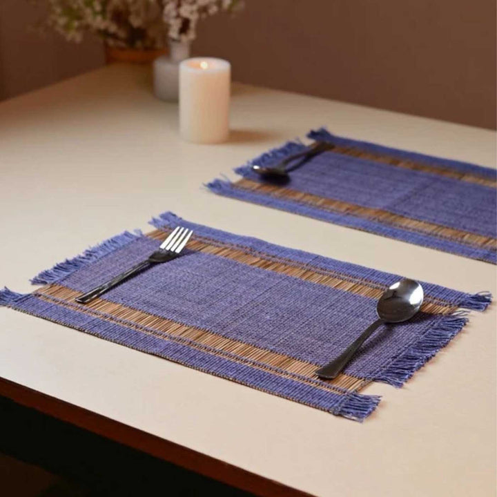 Hand Woven Double Striped Blue Madhurkati Table Runner & Table Mat