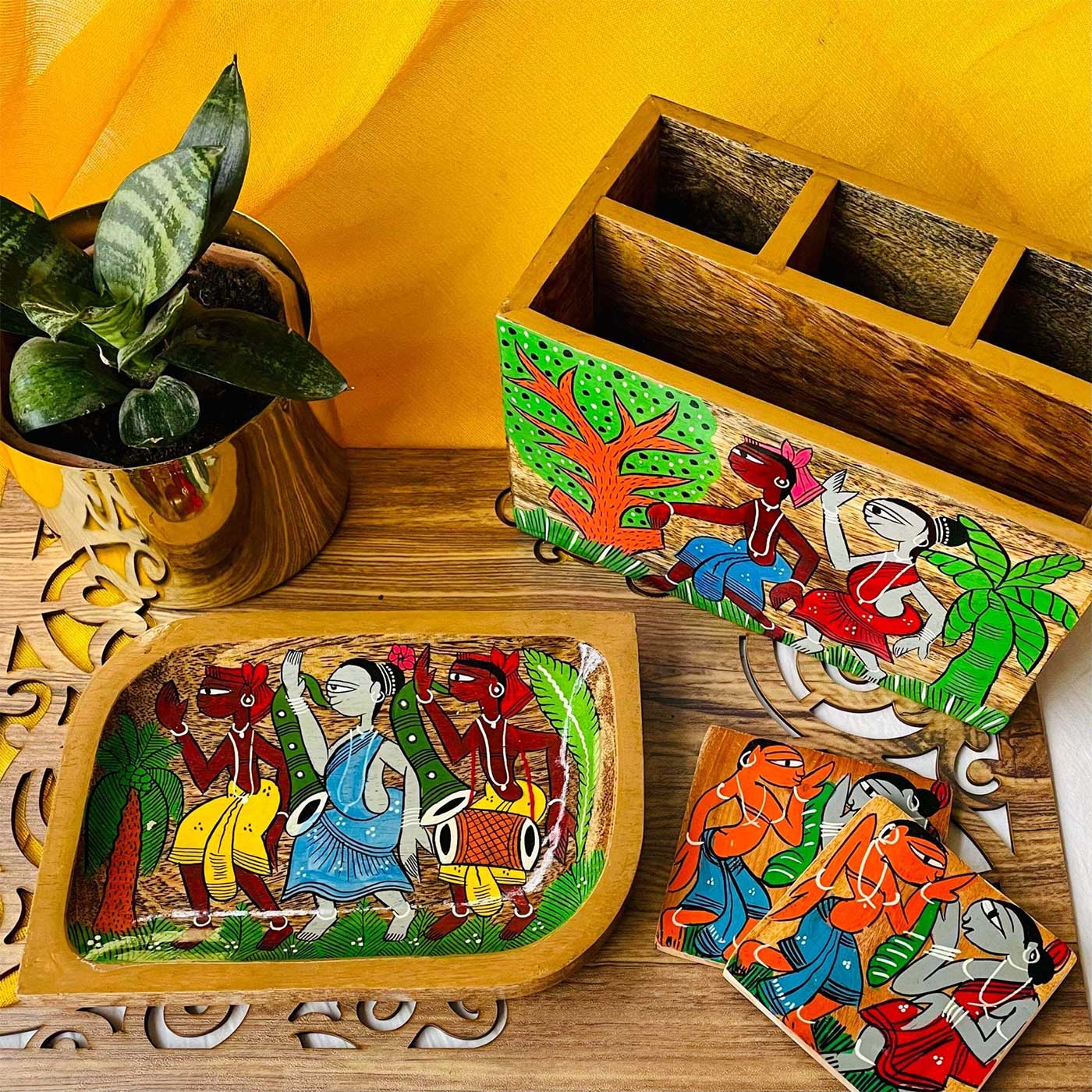 Multicolor - Traditional Pattachitra Hand Painted Akashmoni Wooden Tray (15 x 7 in) 32
